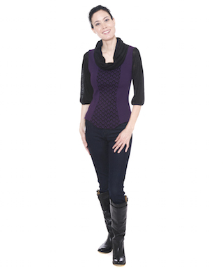 Jennifer Fukushima's Velutina sweater. Purple and black with a drape neck.