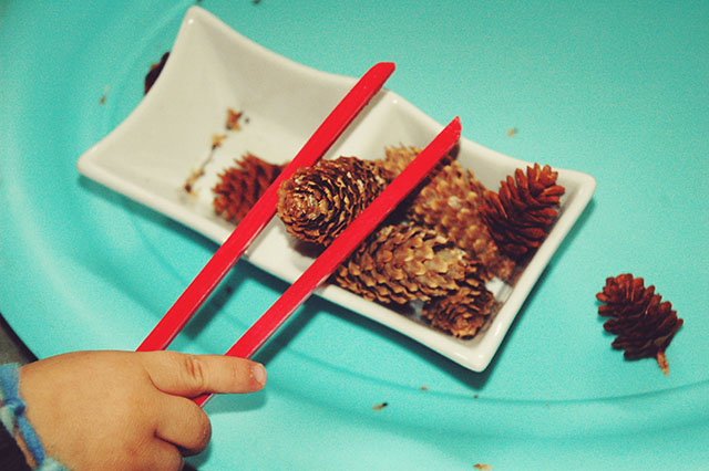 Winter Activity for Kids: Child transferring pinecones between double dish